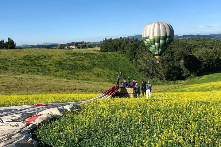 balloons getting ready to take off in a yellow field